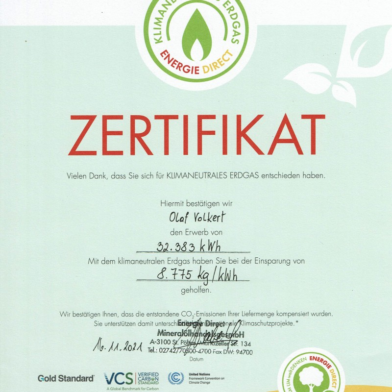Zertifikat Energie Direct Kimaneutrales Erdgas