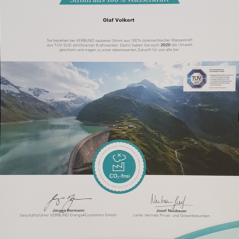 Zertifikat Verbund Strom aus Wasserkraft
